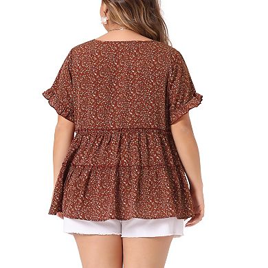 Plus Size Tops for Women Floral Print V Neck Ruffle Sleeve Tiered Babydoll Blouses