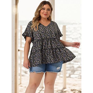 Plus Size Tops for Women Floral Print V Neck Ruffle Sleeve Tiered Babydoll Blouses