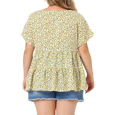 Plus Size Tops for Women Floral Print V Neck Ruffle Sleeve Tiered Babydoll Blouses