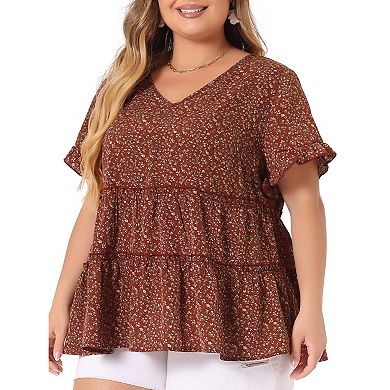 Plus Size Tops for Women Floral Print V Neck Ruffle Sleeve Tiered Babydoll Blouses