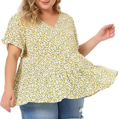 Plus Size Tops for Women Floral Print V Neck Ruffle Sleeve Tiered Babydoll Blouses