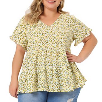 Plus Size Tops for Women Floral Print V Neck Ruffle Sleeve Tiered Babydoll Blouses