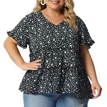 Plus Size Tops for Women Floral Print V Neck Ruffle Sleeve Tiered Babydoll Blouses