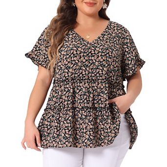 Plus Size Tops for Women Floral Print V Neck Ruffle Sleeve Tiered Babydoll Blouses