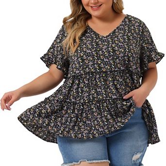 Plus Size Tops for Women Floral Print V Neck Ruffle Sleeve Tiered Babydoll Blouses