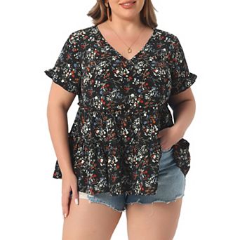 Plus Size Tops for Women Floral Print V Neck Ruffle Sleeve Tiered Babydoll Blouses