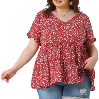 Plus Size Tops for Women Floral Print V Neck Ruffle Sleeve Tiered Babydoll Blouses