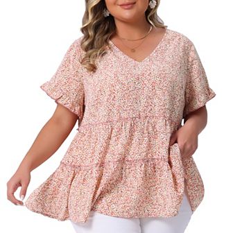 Plus Size Tops for Women Floral Print V Neck Ruffle Sleeve Tiered Babydoll Blouses