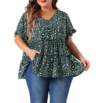 Plus Size Tops for Women Floral Print V Neck Ruffle Sleeve Tiered Babydoll Blouses