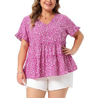 Plus Size Tops for Women Floral Print V Neck Ruffle Sleeve Tiered Babydoll Blouses
