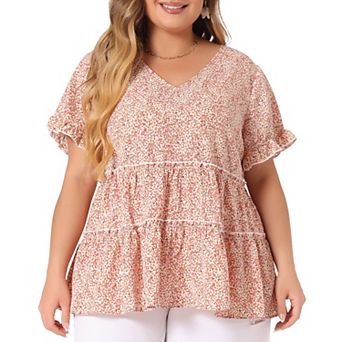 Plus Size Tops for Women Floral Print V Neck Ruffle Sleeve Tiered Babydoll Blouses