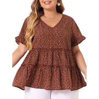 Plus Size Tops for Women Floral Print V Neck Ruffle Sleeve Tiered Babydoll Blouses