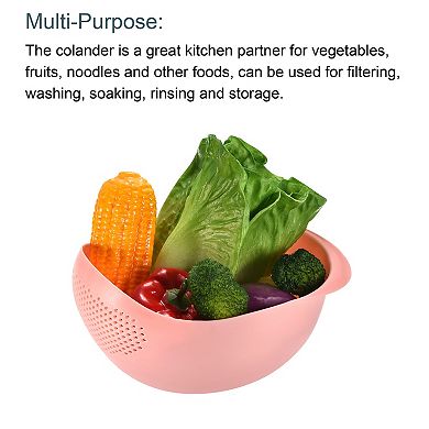 3pcs Kitchen Rice Drain Bowl Fruit Washing Basket Food Strainers Blue Green Pink