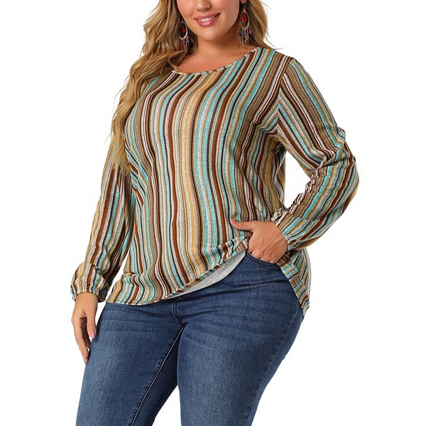 Women's Plus Size Shirt Multicolor Stripe Colorblock Cotton