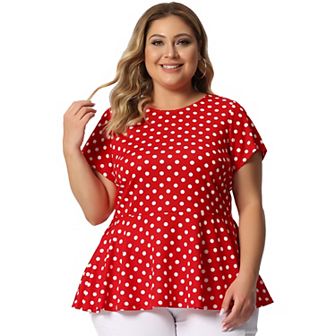 Women's Plus Size Summer Polka Dots Short Sleeve Peplum Top