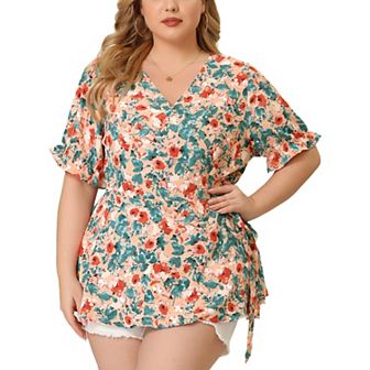 Women's Plus Size Tops Floral Wrap Ruffle Short Sleeve Tops Summer Blouses