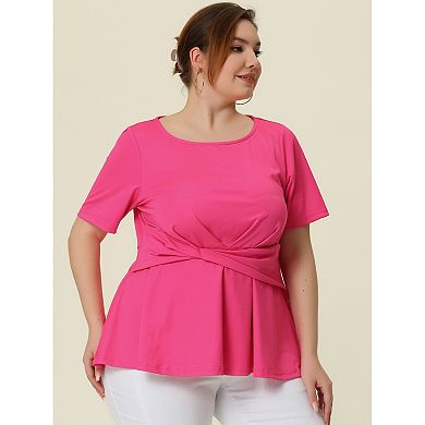 Women's Plus Size Summer Solid Short Sleeve Knot Waist Peplum Top