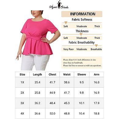 Women's Plus Size Summer Solid Short Sleeve Knot Waist Peplum Top