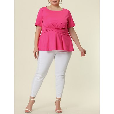 Women's Plus Size Summer Solid Short Sleeve Knot Waist Peplum Top