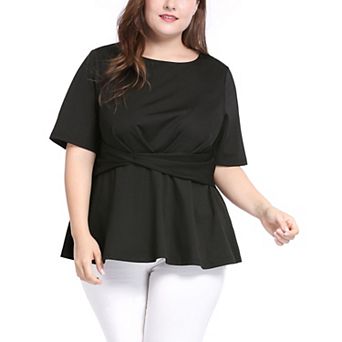 Women's Plus Size Summer Solid Short Sleeve Knot Waist Peplum Top