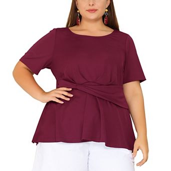 Women's Plus Size Summer Solid Short Sleeve Knot Waist Peplum Top