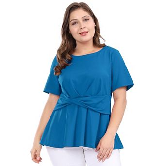 Women's Plus Size Summer Solid Short Sleeve Knot Waist Peplum Top