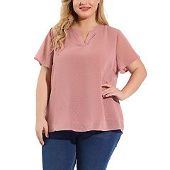 Agnes Orinda Women's Plus Size 3/4 Sleeves Round Neck Ruffle Chiffon Work  Blouse Pink 2X