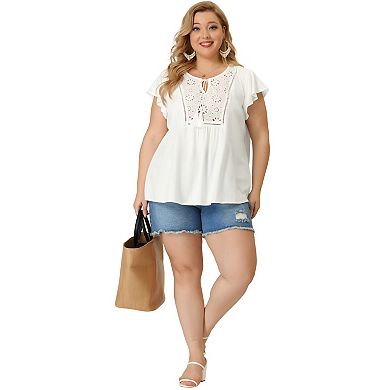 Women's Plus Blouse Ruffle Sleeve Lace Trim Tie Neck Peasant Top