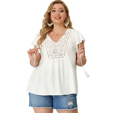 Women's Plus Blouse Ruffle Sleeve Lace Trim Tie Neck Peasant Top