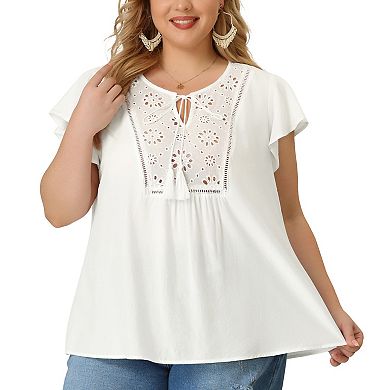 Women's Plus Blouse Ruffle Sleeve Lace Trim Tie Neck Peasant Top