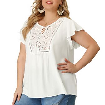 Women's Plus Blouse Ruffle Sleeve Lace Trim Tie Neck Peasant Top