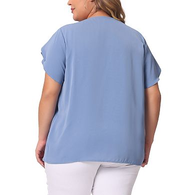 Women's Plus Size Solid Work Pleated Round Neck Basic Tulip Sleeves Top