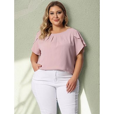 Women's Plus Size Solid Work Pleated Round Neck Basic Tulip Sleeves Top