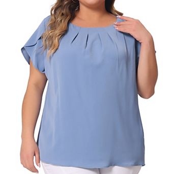 Women's Plus Size Solid Color Office Pleated Round Neck Tulip Sleeve Blouse