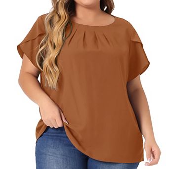 Women's Plus Size Solid Color Office Pleated Round Neck Tulip Sleeve Blouse