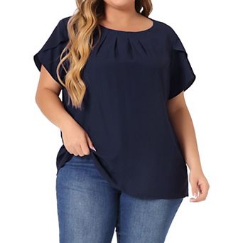 Women's Plus Size Solid Color Office Pleated Round Neck Tulip Sleeve Blouse
