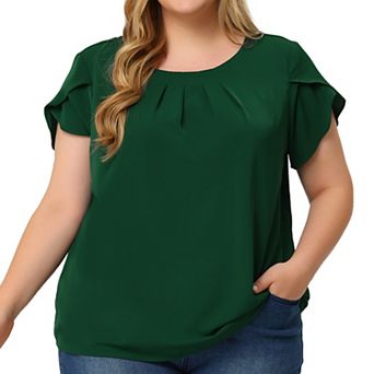 Women's Plus Size Solid Color Office Pleated Round Neck Tulip Sleeve Blouse