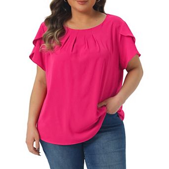 Women's Plus Size Solid Color Office Pleated Round Neck Tulip Sleeve Blouse