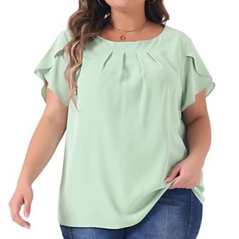 Women's Plus Size Solid Color Office Pleated Round Neck Tulip Sleeve Blouse