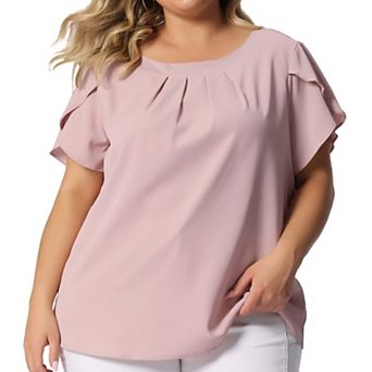 Women's Plus Size Solid Color Office Pleated Round Neck Tulip Sleeve Blouse