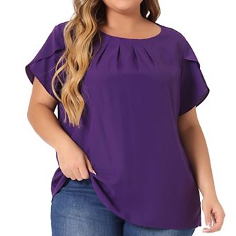 Women's Plus Size Solid Color Office Pleated Round Neck Tulip Sleeve Blouse