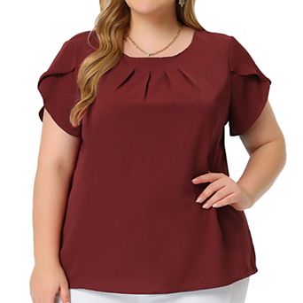 Women's Plus Size Solid Color Office Pleated Round Neck Tulip Sleeve Blouse