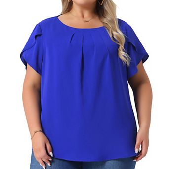 Women's Plus Size Solid Color Office Pleated Round Neck Tulip Sleeve Blouse