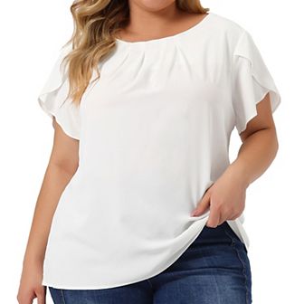 Women's Plus Size Solid Color Office Pleated Round Neck Tulip Sleeve Blouse