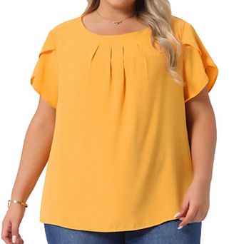 Women's Plus Size Solid Color Office Pleated Round Neck Tulip Sleeve Blouse