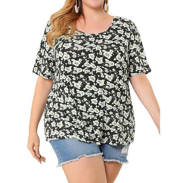 Women's Plus Size Ditsy Floral Print Short Sleeve Summer Blouse