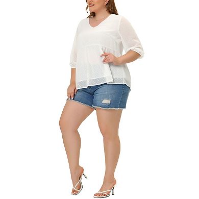 Women's Plus Size Fall Chiffon Babydoll Long Sleeve Swiss Dots Blouses