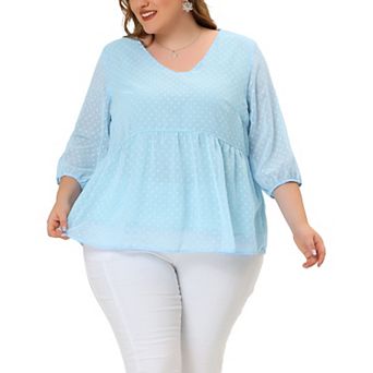 Women's Plus Size Fall Chiffon Babydoll Long Sleeve Swiss Dots Blouses