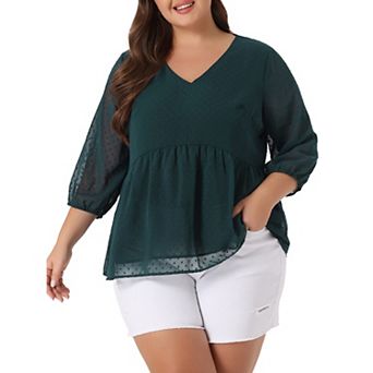 Women's Plus Size Fall Chiffon Babydoll Long Sleeve Swiss Dots Blouses