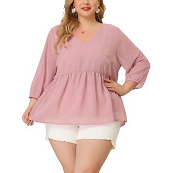 Women's Plus Size Fall Chiffon Babydoll Long Sleeve Swiss Dots Blouses
